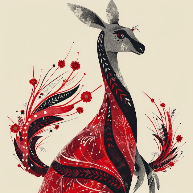 Photo kangaroo with red flowers on beige background hand drawn illustration