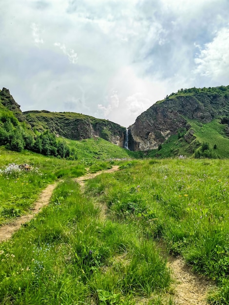 Karakayasu Waterfall surrounded by the Caucasus Mountains near Elbrus Jilysu Russia