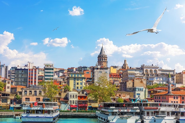 Karakoy district and the Galata Tower view from the Bosphorus Istanbul Turkey