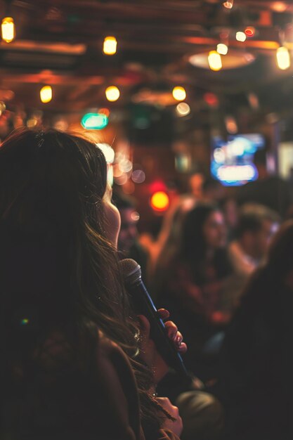 Photo karaoke night at bar friends singing their favorite songs with microphones in a vibrant bar