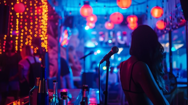 Photo karaoke singers perform on stage in a hotel bar