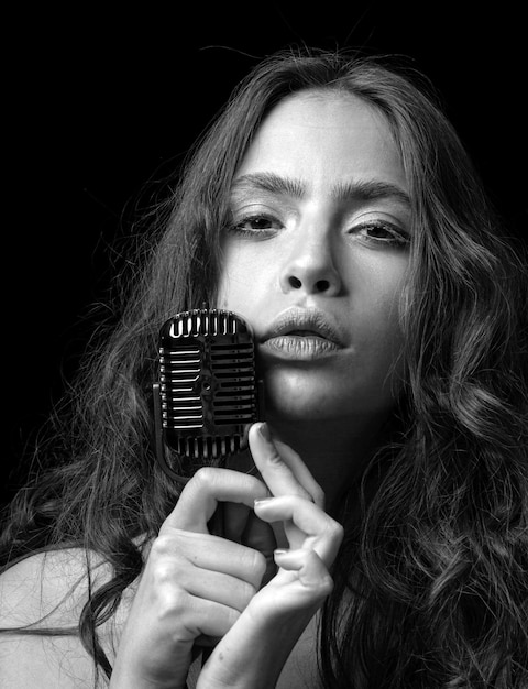 Karaoke woman girl singer with microphone sensual vintage girl singer concert sing