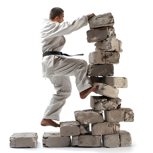 Photo karate fighter breaking through a wall of bricks