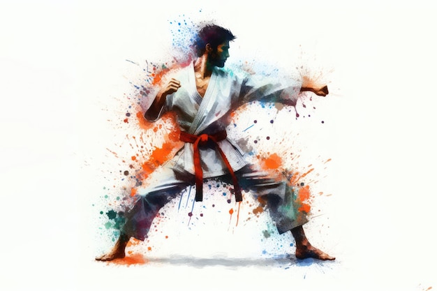 Karate Fighter watercolor splash in action isolated on white background