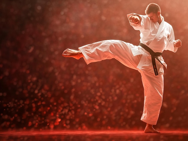 A karate fighter in a white gi performs a powerful kick with a black belt