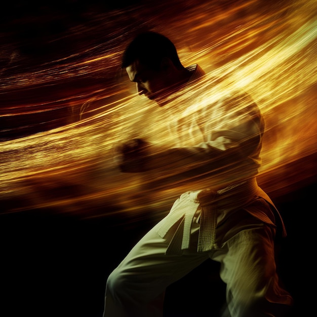 Photo a karate fighter in a white gi poses with motion blur effect