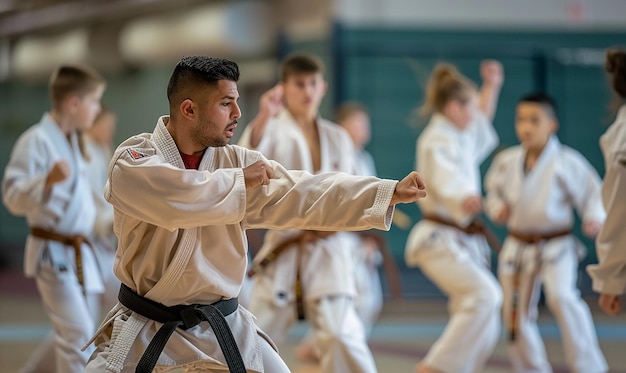 Karate Instructor Guiding Class Through Techniques