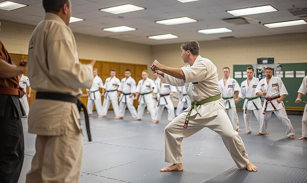 Karate Instructor Guiding Class Through Techniques