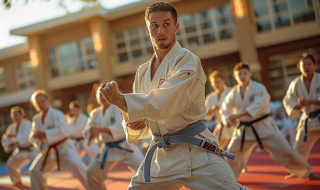 Karate Instructor Leading Class Through Techniques