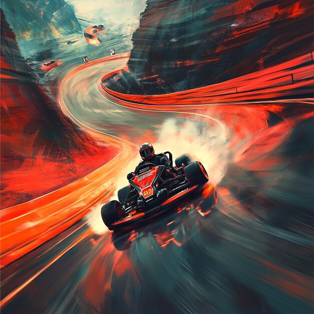 A kart racing through a challenging section of the track with obstacles and curves