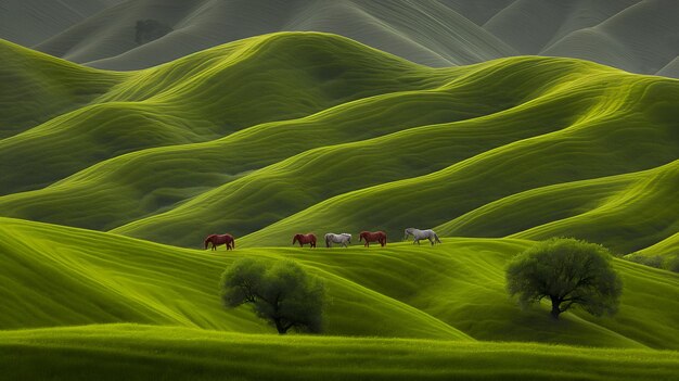 Kashgars Wild Symphony Horses Dance on a Sea of Vibrant Green