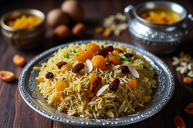 Kashmiri sweet modur pulao made of rice cooked with sugar water flavored with saffron and dry fruits