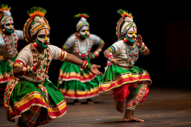 Kathakali performance showing characters from Onam mythology in vibrant costumes and makeup