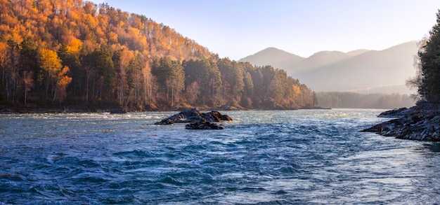 Katun river in the Altai mountains Siberia Autumn panoramic view evening light