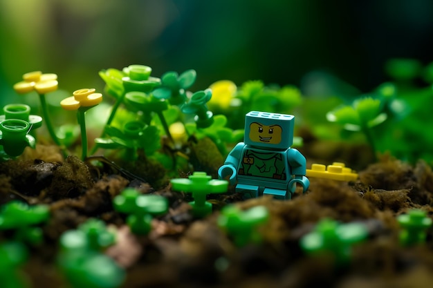 Photo kawaii cartoon lego piece happy surrounded by clovers