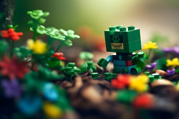 Kawaii cartoon lego piece happy surrounded by clovers