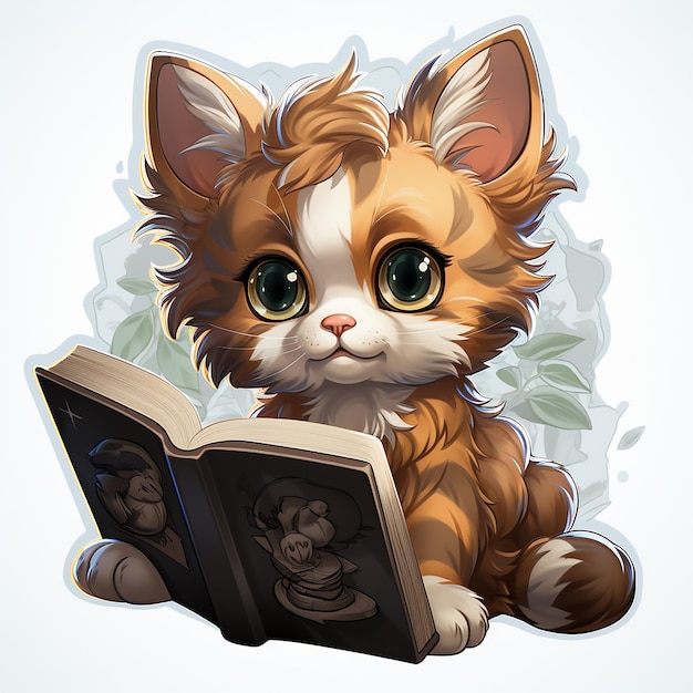 kawaii_cat_reading_a_book_cartoon_sticker_white_backgrou