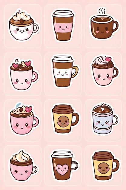 Photo kawaii coffee sticker collection cute and adorable coffeethemed stickers