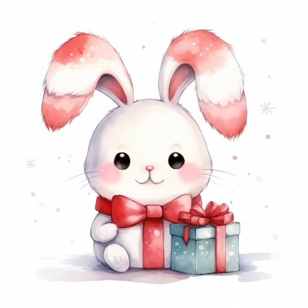 Kawaii cute rabbit Cartoon christmas on white background water color style generative ai