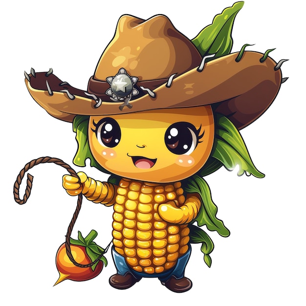 kawaii cute vector logo sticker of corn with cowboy hat