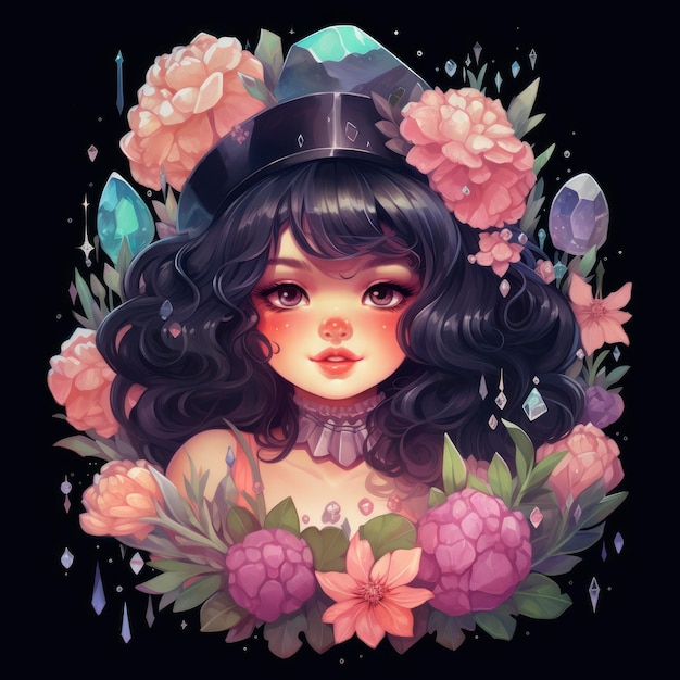 Kawaii cute witchcraft and flowers and crystals art