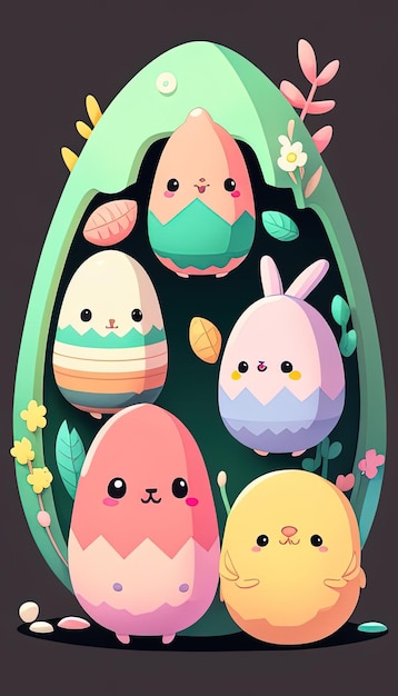 Kawaii Easter eggs depicts adorable and charming eggs evoking a cute and playful ambiance for the holiday