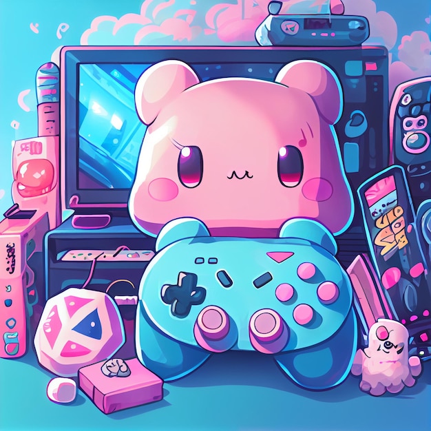 Kawaii gamer set videoconsole gaming pc computer game controller illustration