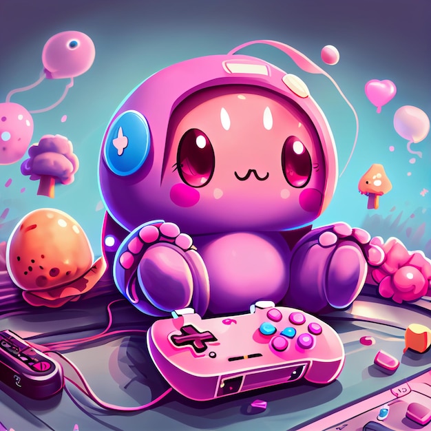 Kawaii gamer set videoconsole gaming pc computer game controller illustration