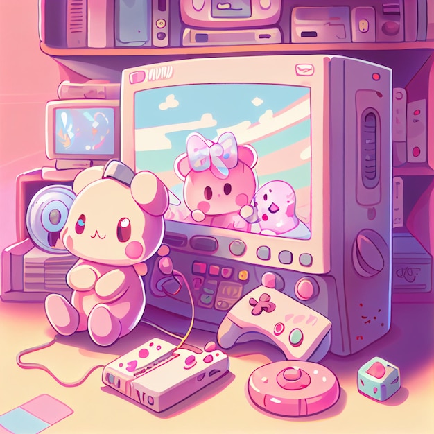 Kawaii gamer set videoconsole gaming pc computer game controller illustration