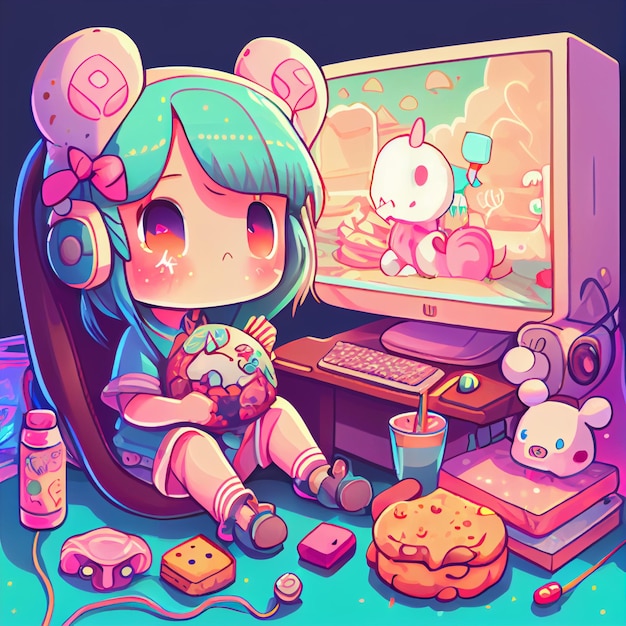 Kawaii girl playing video games cute gamer kid illustration