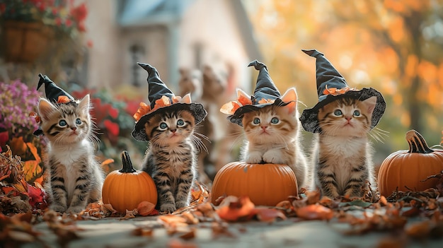 Kawaii Halloween Cats Keeping Tiny Pumpkin Lanterns this Holiday Scene is Whimsical and Festive