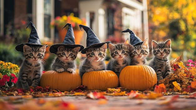 Kawaii Halloween Cats Keeping Tiny Pumpkin Lanterns this Holiday Scene is Whimsical and Festive