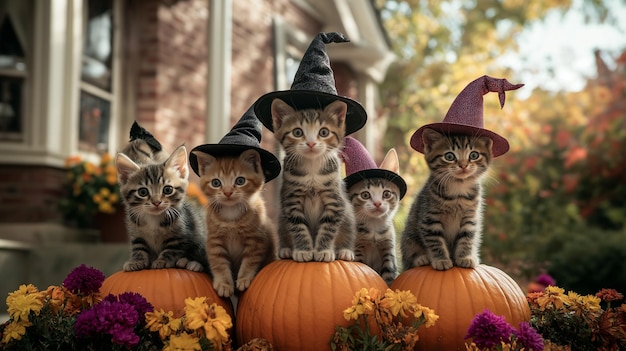 Kawaii Halloween Cats Keeping Tiny Pumpkin Lanterns this Holiday Scene is Whimsical and Festive