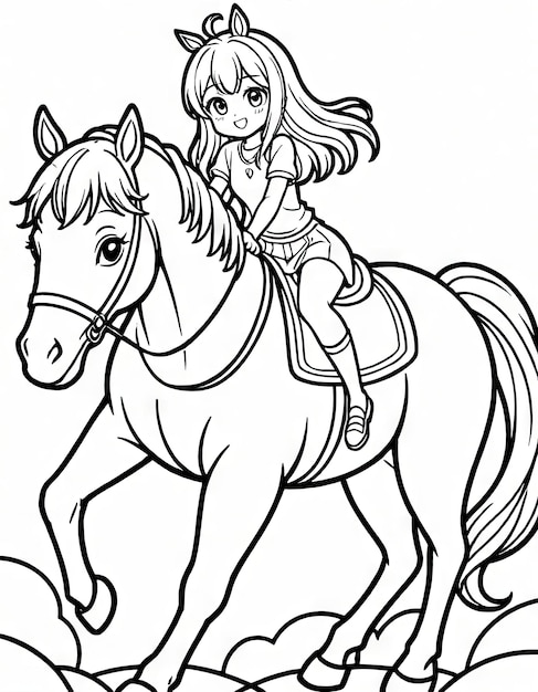 Kawaii Horseback Ride Coloring Page by AI Featuring Little Girl and Big Horse