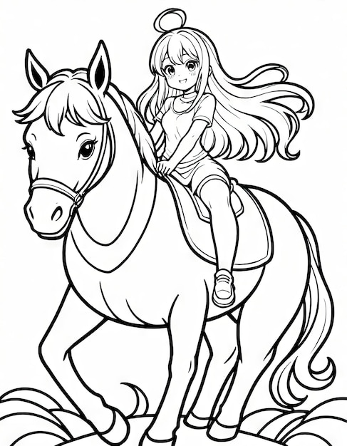 Kawaii Horseback Ride Coloring Page by AI Featuring Little Girl and Big Horse