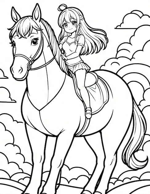 Kawaii Horseback Ride Coloring Page by AI Featuring Little Girl and Big Horse