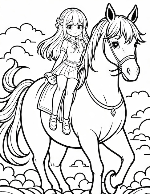 Kawaii Horseback Ride Coloring Page by AI Featuring Little Girl and Big Horse