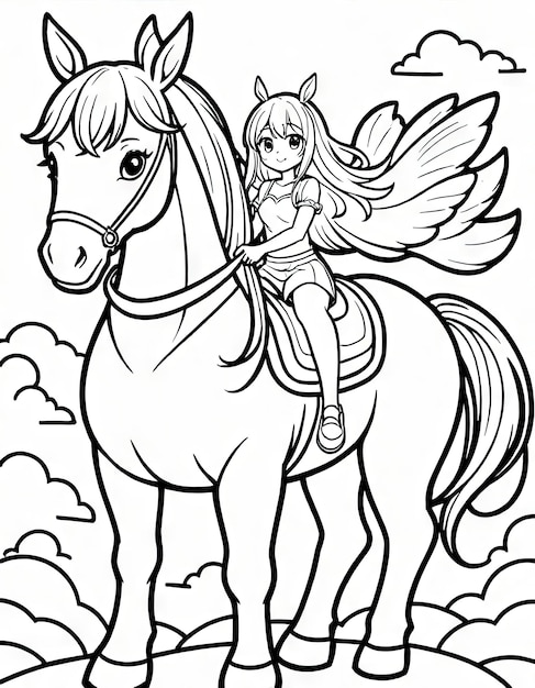 Kawaii Horseback Ride Coloring Page by AI Featuring Little Girl and Big Horse