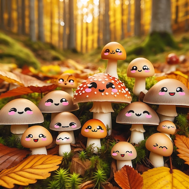 Kawaii Mushroom Village in the Autumn Forest