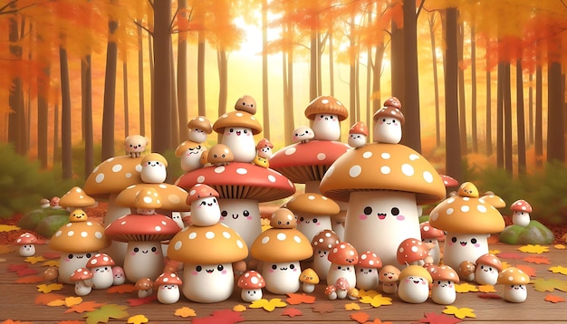 Kawaii Mushroom Village in the Autumn Forest