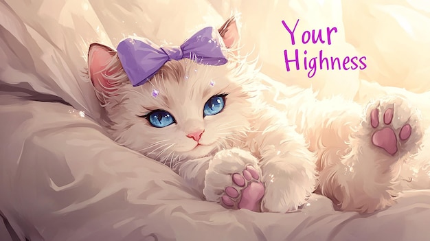 Photo kawaii pastel illustration of an adorable fluffy cat with blue eyes on beige background that says