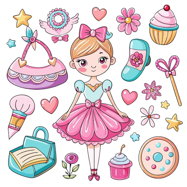 Kawaii Pink Girl Illustration with Swan Flowers and Cute Accessories