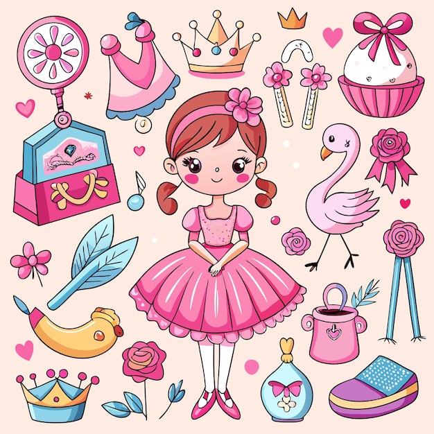 Kawaii Pink Girl Illustration with Swan Flowers and Cute Accessories