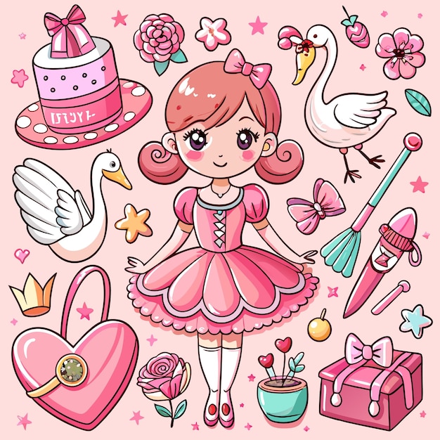 Kawaii Pink Girl Illustration with Swan Flowers and Cute Accessories