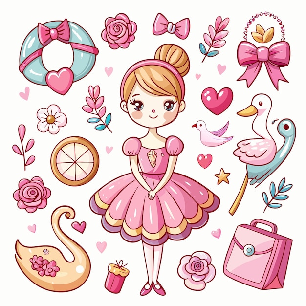 Kawaii Pink Girl Illustration with Swan Flowers and Cute Accessories