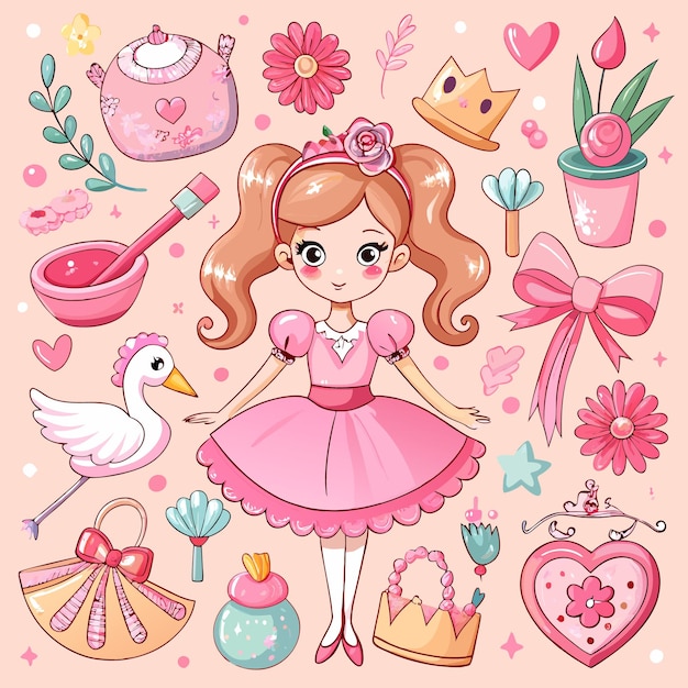 Kawaii Pink Girl Illustration with Swan Flowers and Cute Accessories