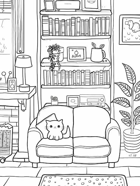 kawaii style cute cosy home interier coloring page for kids bold simple lines very few details