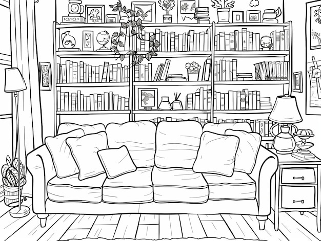 kawaii style cute cosy home interier coloring page for kids bold simple lines very few details