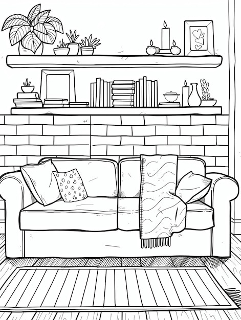 kawaii style cute cosy home interier coloring page for kids bold simple lines very few details