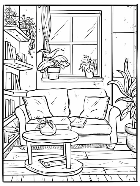 kawaii style cute cosy home interier coloring page for kids bold simple lines very few details